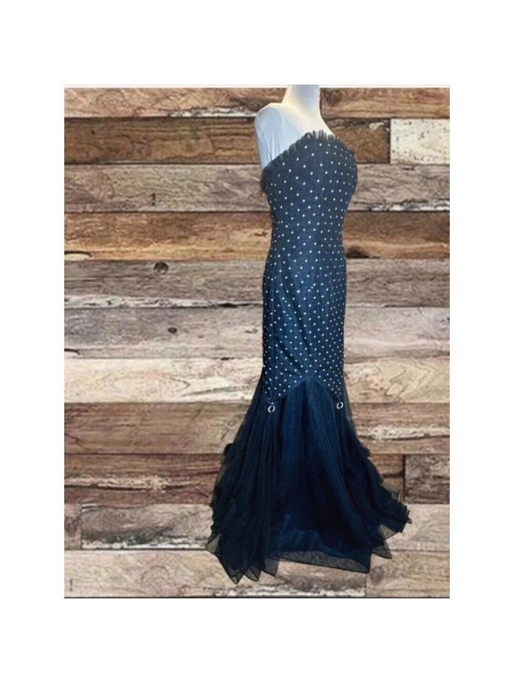 Vintage Y2K Strapless Sequin Mermaid Gown Black Tulle Formal Dress sz 10 - Picture 3 of 10